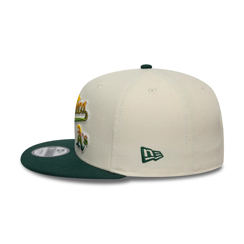 Pictured is this MLB Ombre Script Athletics 9FIFTY Snapback cap in light beige & dark green. 5