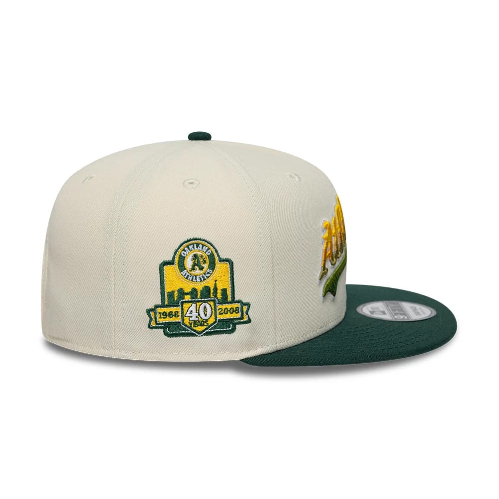 Pictured is this MLB Ombre Script Athletics 9FIFTY Snapback cap in light beige. 4
