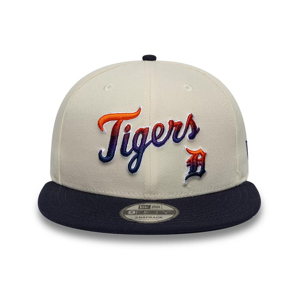 Pictured is this MLB Ombre Script Detroit Tigers 9FIFTY Snapback cap in light beige. 2