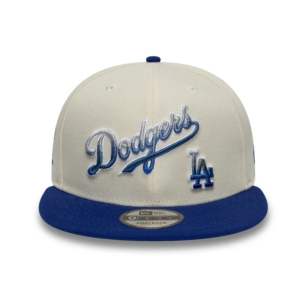 Pictured is this MLB Ombre Script Los Angeles Dodgers 9FIFTY Snapback cap in light beige. 3