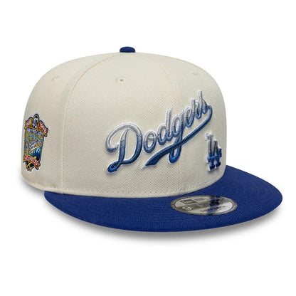 Pictured is this MLB Ombre Script Los Angeles Dodgers 9FIFTY Snapback cap in light beige. 1