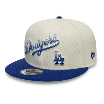 Pictured is this MLB Ombre Script Los Angeles Dodgers 9FIFTY Snapback cap in light beige. 4