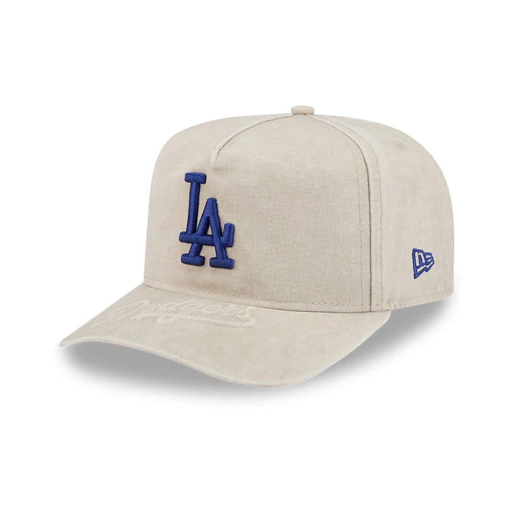 Pictured is this MLB LA Dodgers 9FIFTY A-Frame Snapback cap in light beige. 1