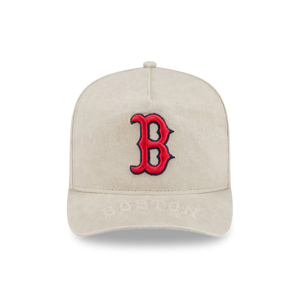 Pictured is this MLB Boston Red Sox 9FIFTY A-Frame Snapback cap in light beige. 3