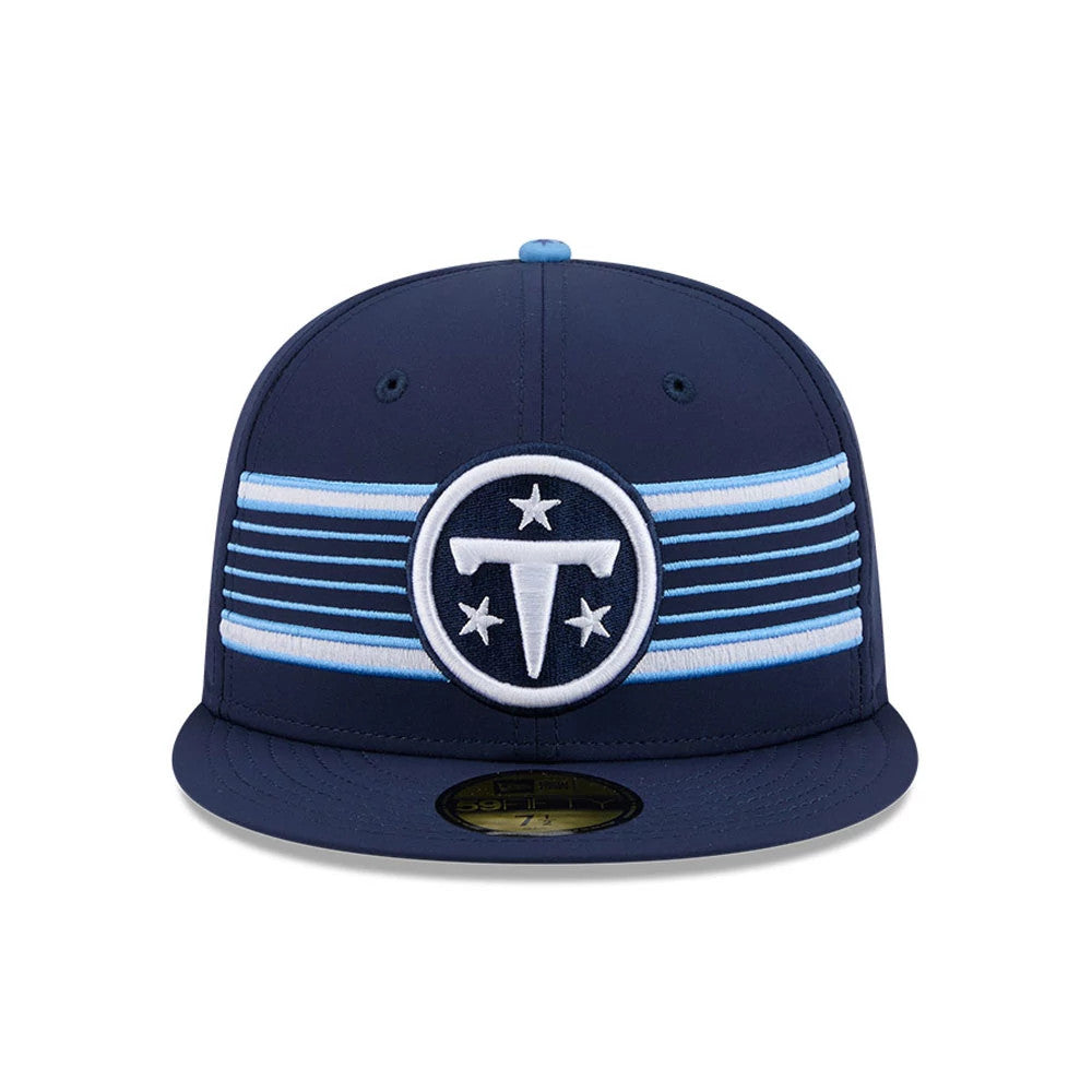 Tennessee Titans NFL Rivalry 2026 Dark Blue New Era 59FIFTY Fitted Cap, front view showing the raised white Titans logo embroidered on the front panel, light blue striped across the crown, and gold 59FIFTY size sticker on the dark blue visor.