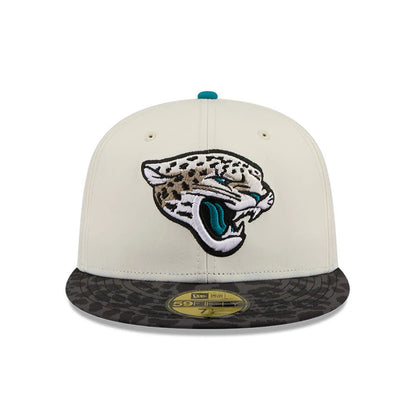 Pictured is this NFL Rivalry 2026 Jacksonville Jaguars 59FIFTY Fitted cap in white & jaguar print. 3