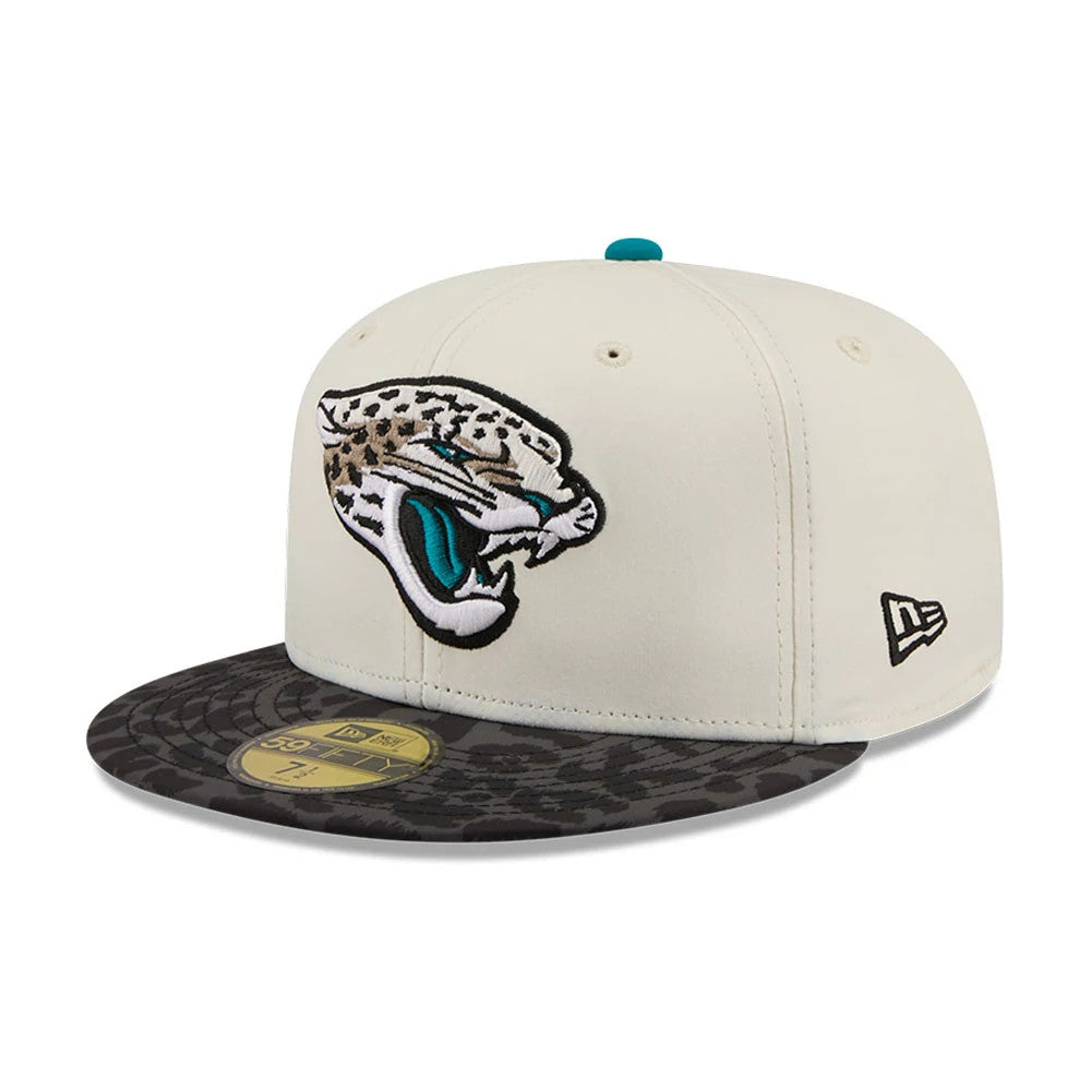 Pictured is this NFL Rivalry 2026 Jacksonville Jaguars 59FIFTY Fitted cap in white & jaguar print. 4