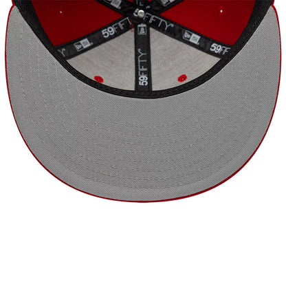 Gettomasa X New Era Red 59FIFTY Fitted Cap, inside view showing the grey undervisor with precise stitching, black 59FIFTY-branded taping along the seams, and red colour accents at the stitching points against the cap's red interior.
