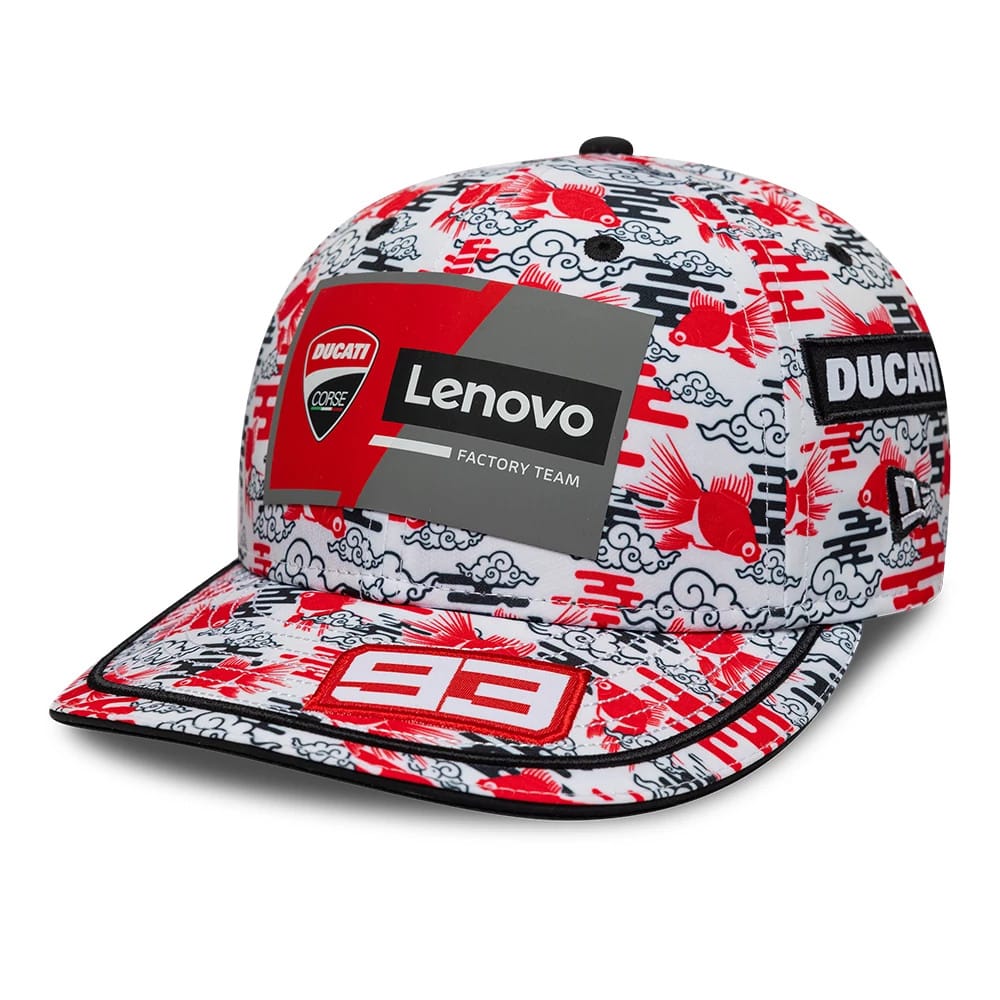 Pictured is this Ducati Motor Replica Marc Márquez Japan Race Special All Over Print 9FIFTY Low Profile Adjustable cap. 4