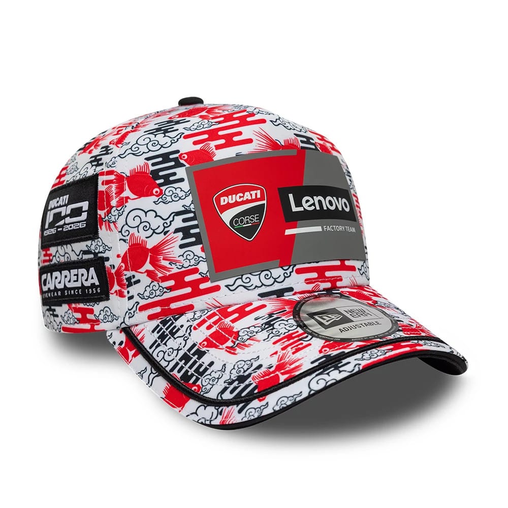 Pictured is this Ducati Motor Replica Japan Race Special All Over Print 9FORTY E-Frame Adjustable cap. 1