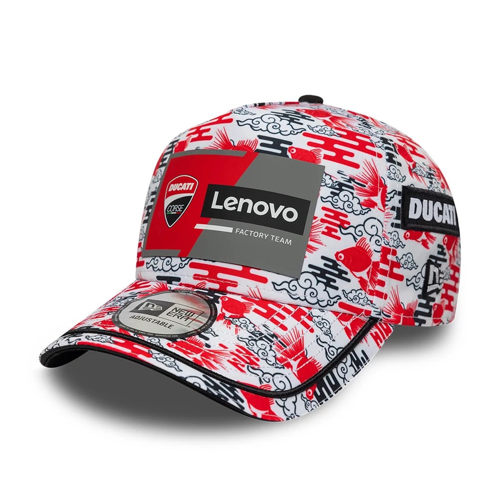 Pictured is this Ducati Motor Replica Japan Race Special All Over Print 9FORTY E-Frame Adjustable cap. 4
