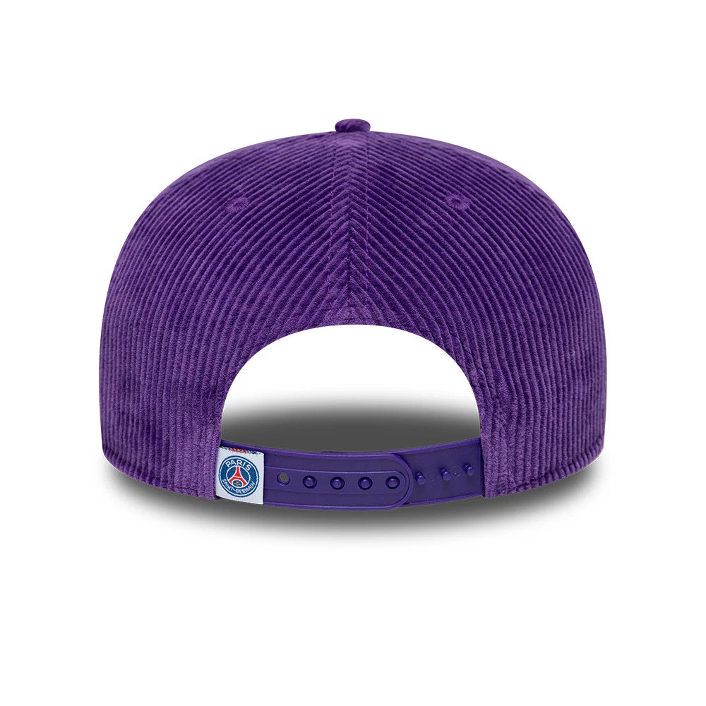 Paris Saint-Germain Washed Cord Purple New Era 19TWENTY Adjustable Cap, rear view showing the PSG logo label on the adjustable purple snap closure, with the distinctive textured corduroy material and two eyelets on the structured purple crown.