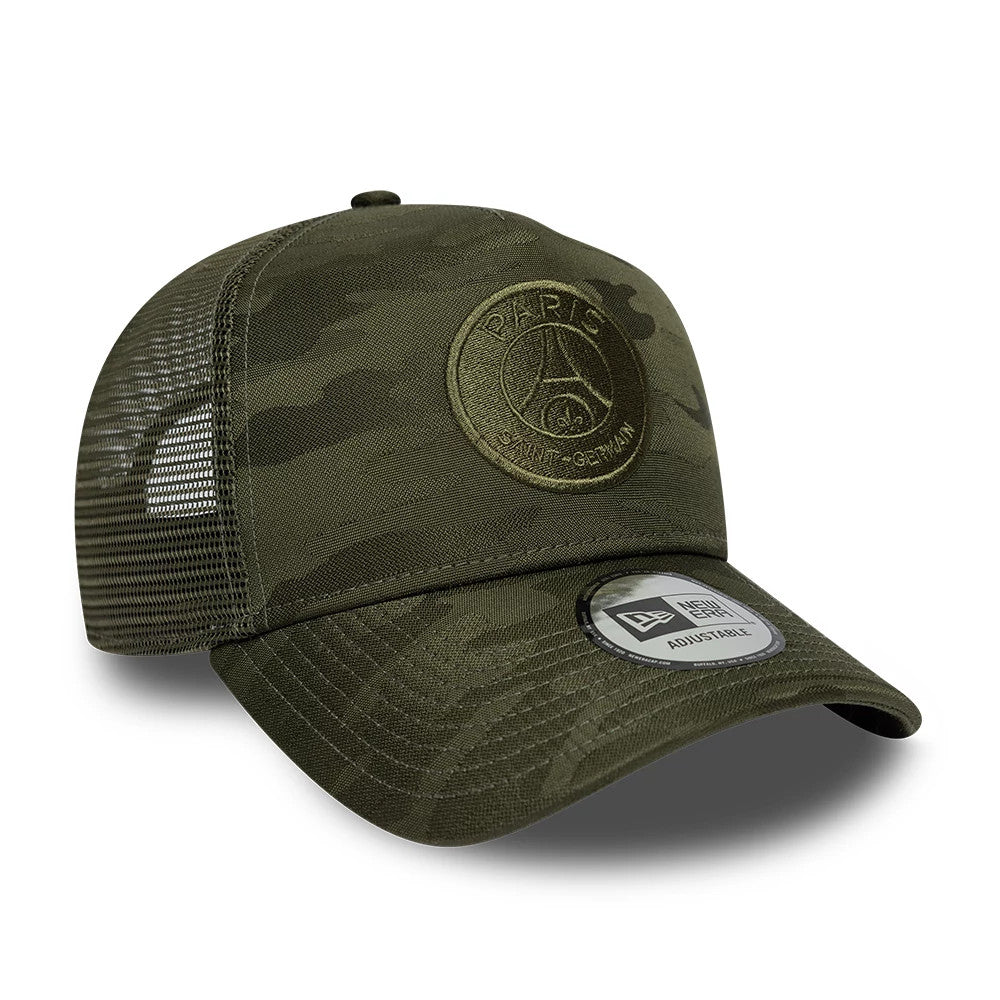 Paris Saint-Germain Camo Green New Era 9FORTY E-Frame Adjustable Cap, three-quarter view showing the raised green embroidered logo on the front panel, the camouflage pattern on the structured crown, and the New Era size sticker on the curved visor.