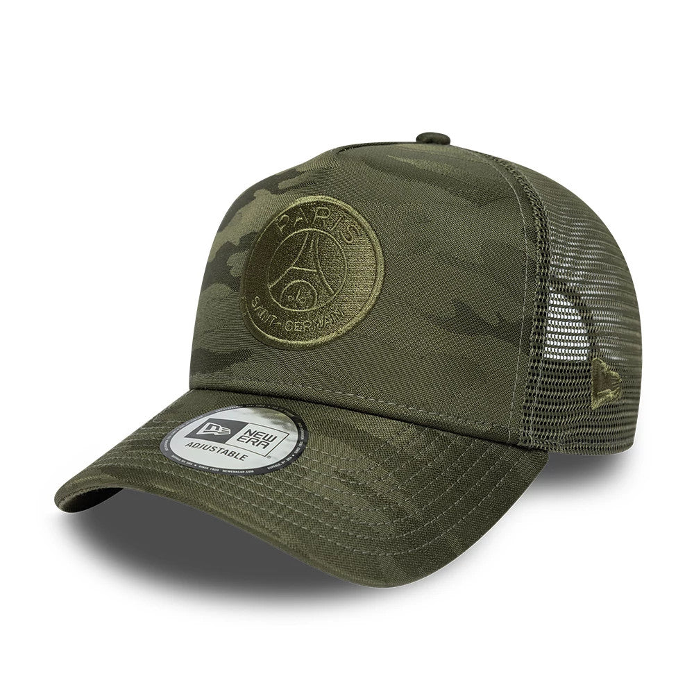 Paris Saint-Germain Camo Green New Era 9FORTY E-Frame Adjustable Cap, three-quarter view showing the green embroidered PSG logo on the camo front panel, mesh back panels, and New Era flag logo on the left side.