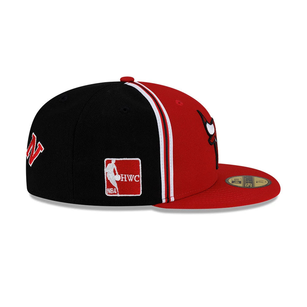 Chicago Bulls NBA Hardwood Classic Players Red New Era 59FIFTY Fitted Cap, side view showing the NBA Hardwood Classic patch at the centre of the black and red panels, with contrasting white stripes and the flat visor with a gold 59FIFTY size sticker.