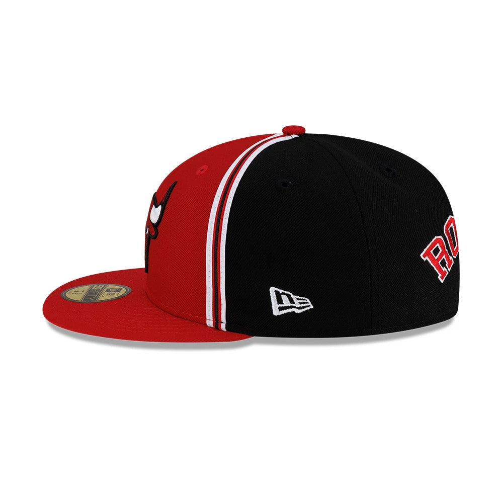 Chicago Bulls NBA Hardwood Classic Players Red New Era 59FIFTY Fitted Cap, side view showing the white New Era flag logo on the black side panel, the red Bulls logo on the front, and a gold 59FIFTY size sticker on the flat red visor.