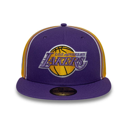 LA Lakers NBA Hardwood Classic Players Purple New Era 59FIFTY Fitted Cap, front view showing the raised embroidered yellow and purple Lakers logo on the structured purple crown, with a curved visor and a black 59FIFTY size sticker.