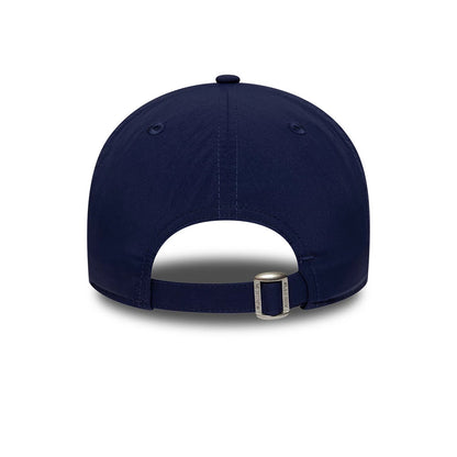 Warriors NBA Hardwood Classic Nylon Dark Blue New Era 9TWENTY Adjustable Cap, rear view showing the curved visor structure, an adjustable fabric strap with a buckle, and two eyelets on the dark blue back panels.