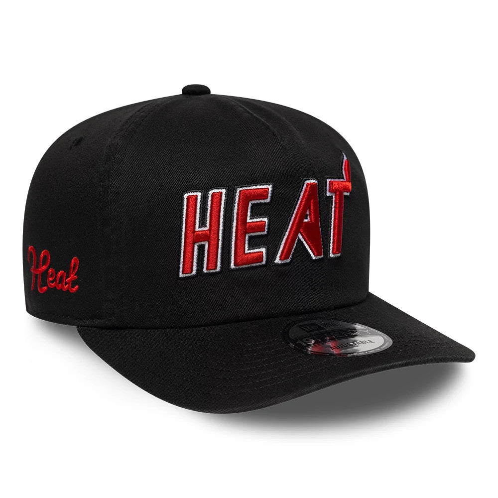 Miami Heat NBA Hardwood Classic Black New Era 19TWENTY Adjustable Cap, front view showing large raised red and white embroidered HEAT lettering on the front panel, black curved visor and black adjustable strap, with a 19TWENTY size sticker.