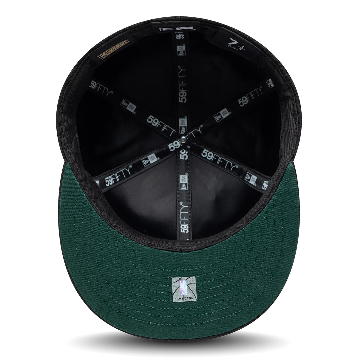 NBA All Over Hardwood Classic All Over Black New Era 59FIFTY Fitted Cap, inside view showing black 59FIFTY taping across the crown, a black sweatband, and a green undervisor with the NBA logo sticker at the centre.