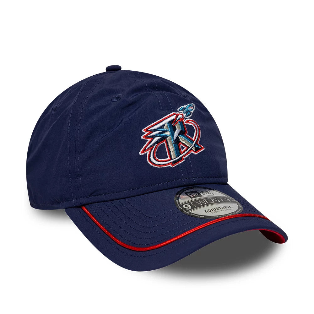 Rockets NBA Hardwood Classic Nylon Dark Blue New Era 9TWENTY Adjustable Cap, three-quarter view showing the embroidered Rockets logo in red, white, and blue on the front panel, with a curved visor featuring a red trim and a 9TWENTY size sticker.