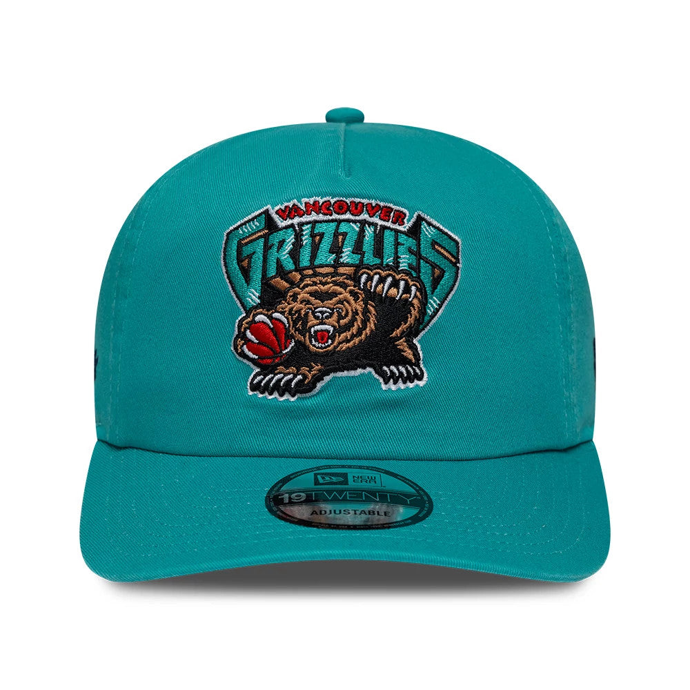 Grizzlies NBA Hardwood Classic Turquoise New Era 19TWENTY Adjustable Cap, front view showing the raised embroidered Grizzlies logo with a bear and basketball on the turquoise crown, complete with a 19TWENTY size sticker on the matching visor.