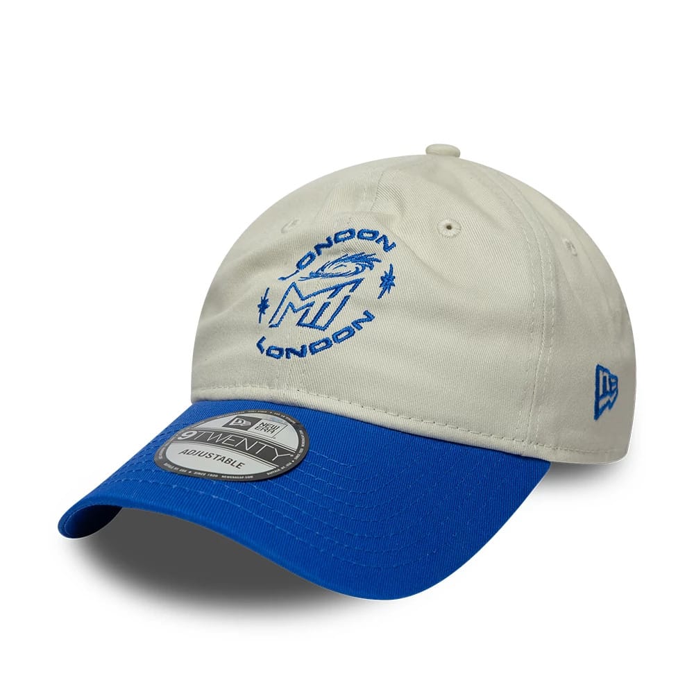 Pictured is this The Hundred 2026 MI London 9TWENTY Adjustable cap in light beige & blue. 1