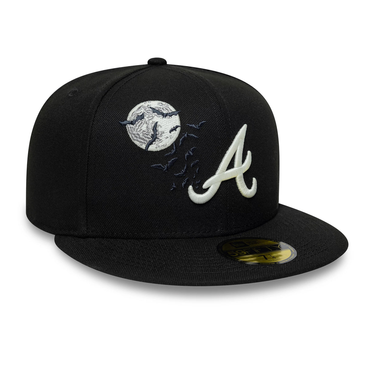 Pictured is this MLB Bats Atlanta Braves 59FIFTY Fitted cap in black. 1