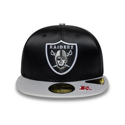 Pictured is this NFL Satin LA Raiders 59FIFTY Fitted cap in black & grey. 3