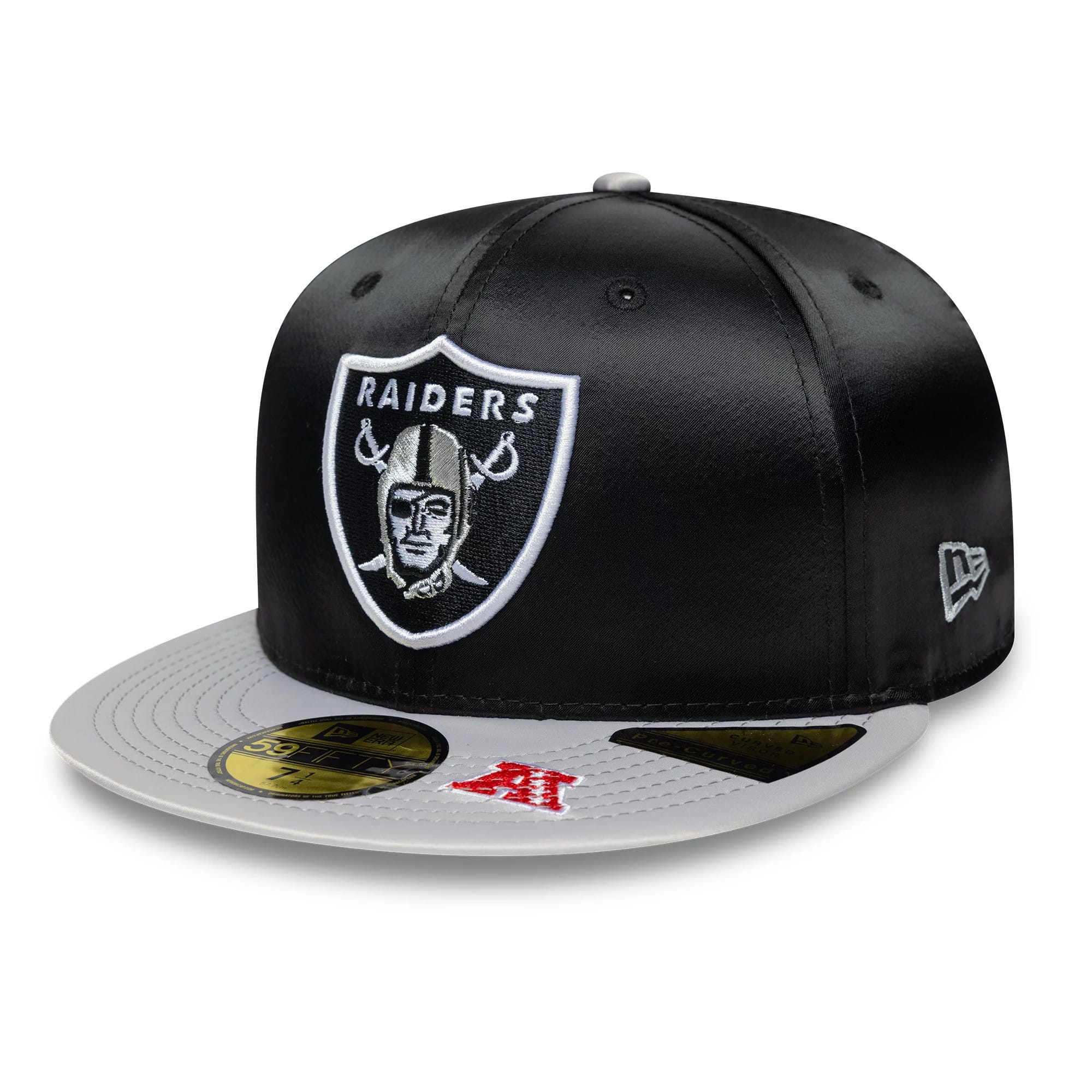 Pictured is this NFL Satin LA Raiders 59FIFTY Fitted cap in black & grey. 1