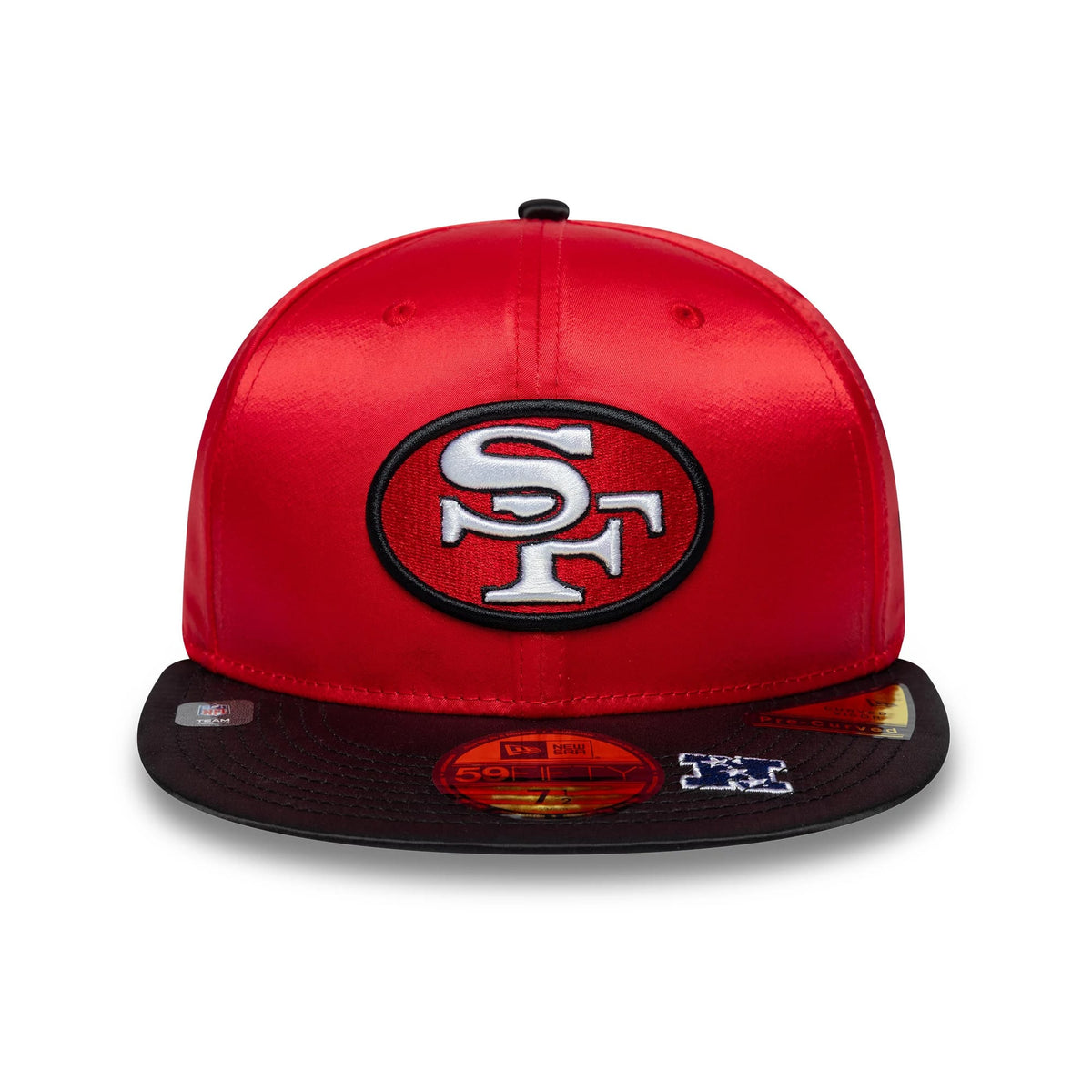 Pictured is this NFL Satin San Francisco 49ers 59FIFTY Fitted cap in red & black. 3