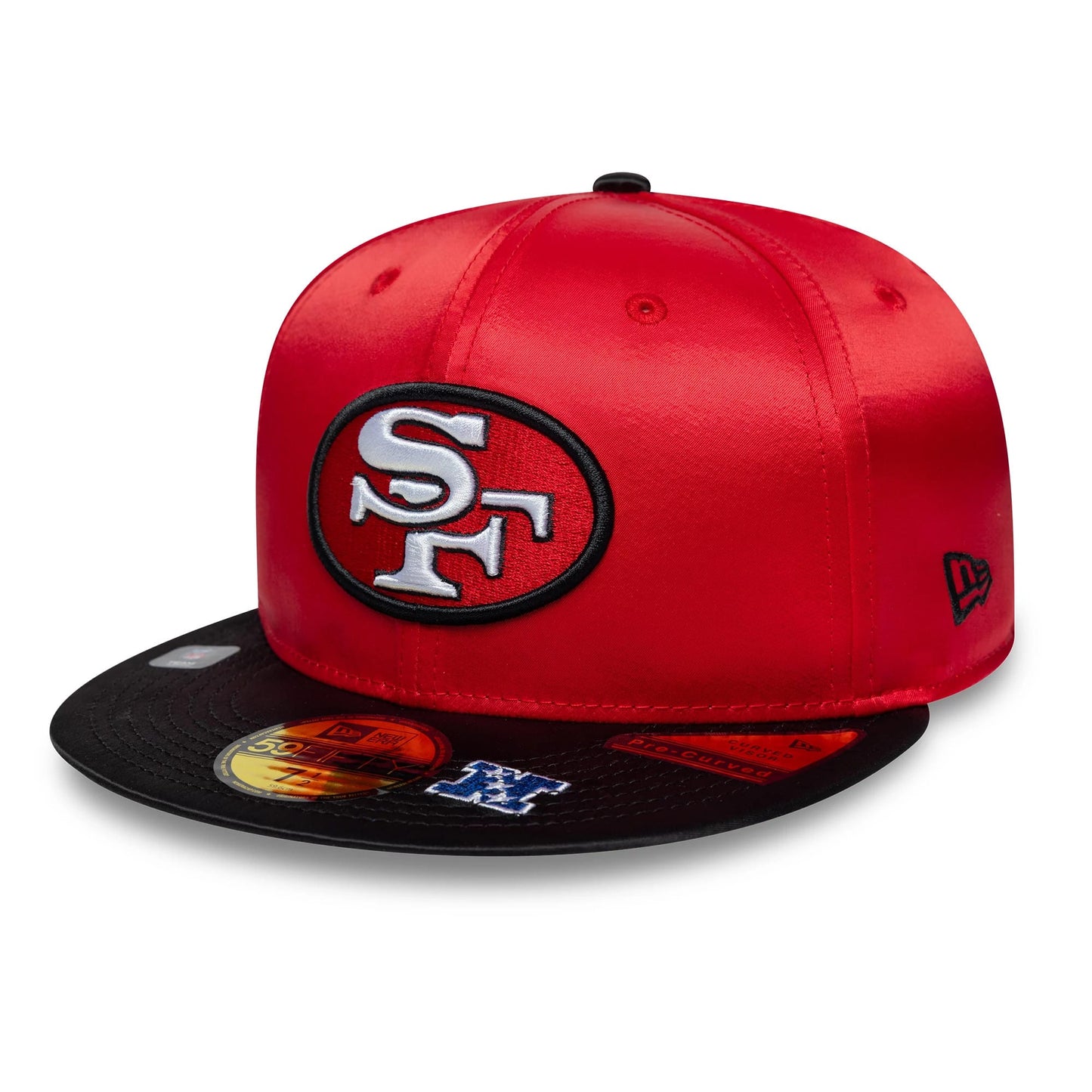 Pictured is this NFL Satin San Francisco 49ers 59FIFTY Fitted cap in red & black. 1