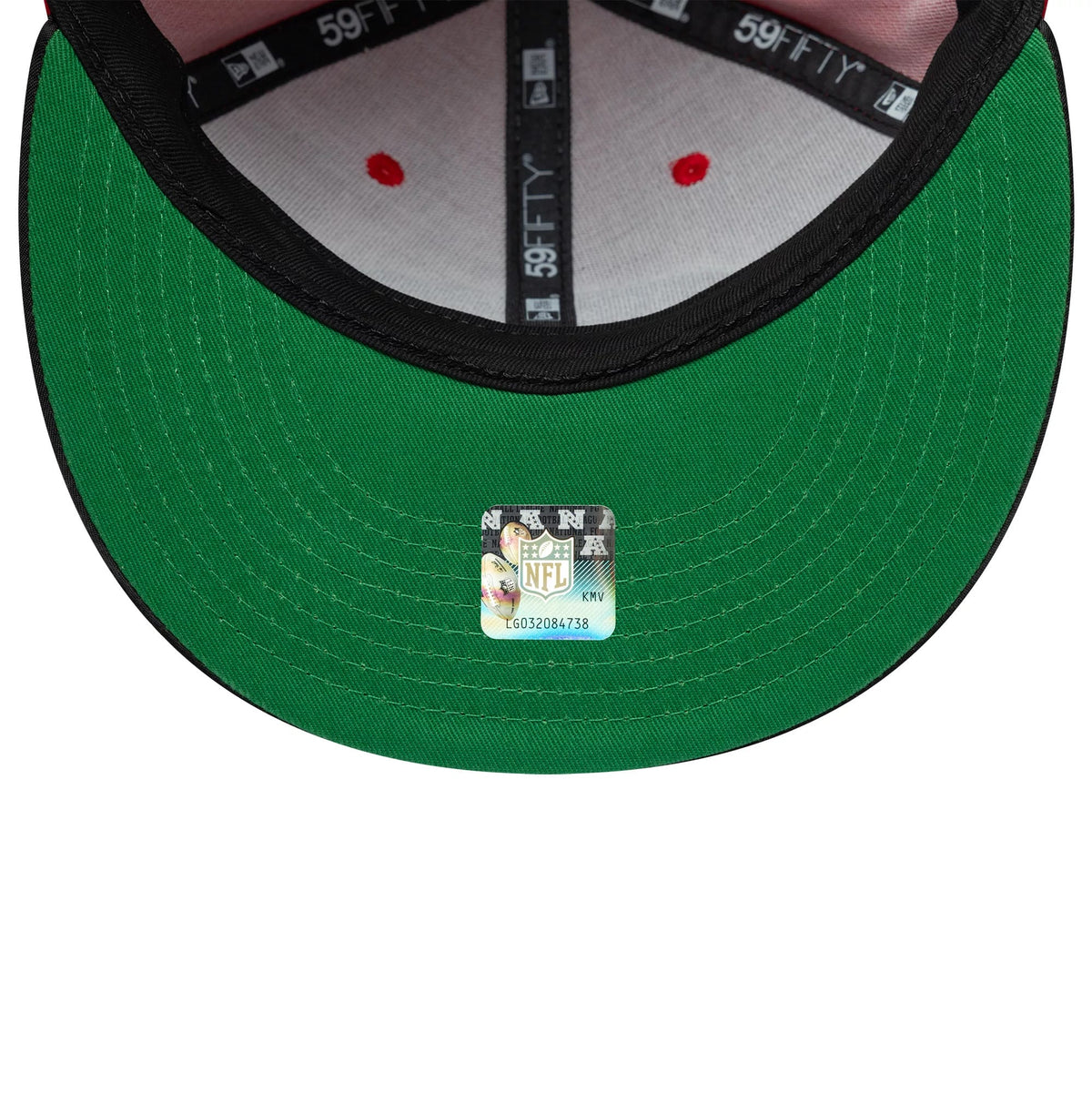 Pictured is this NFL Satin San Francisco 49ers 59FIFTY Fitted cap in red & black. 2