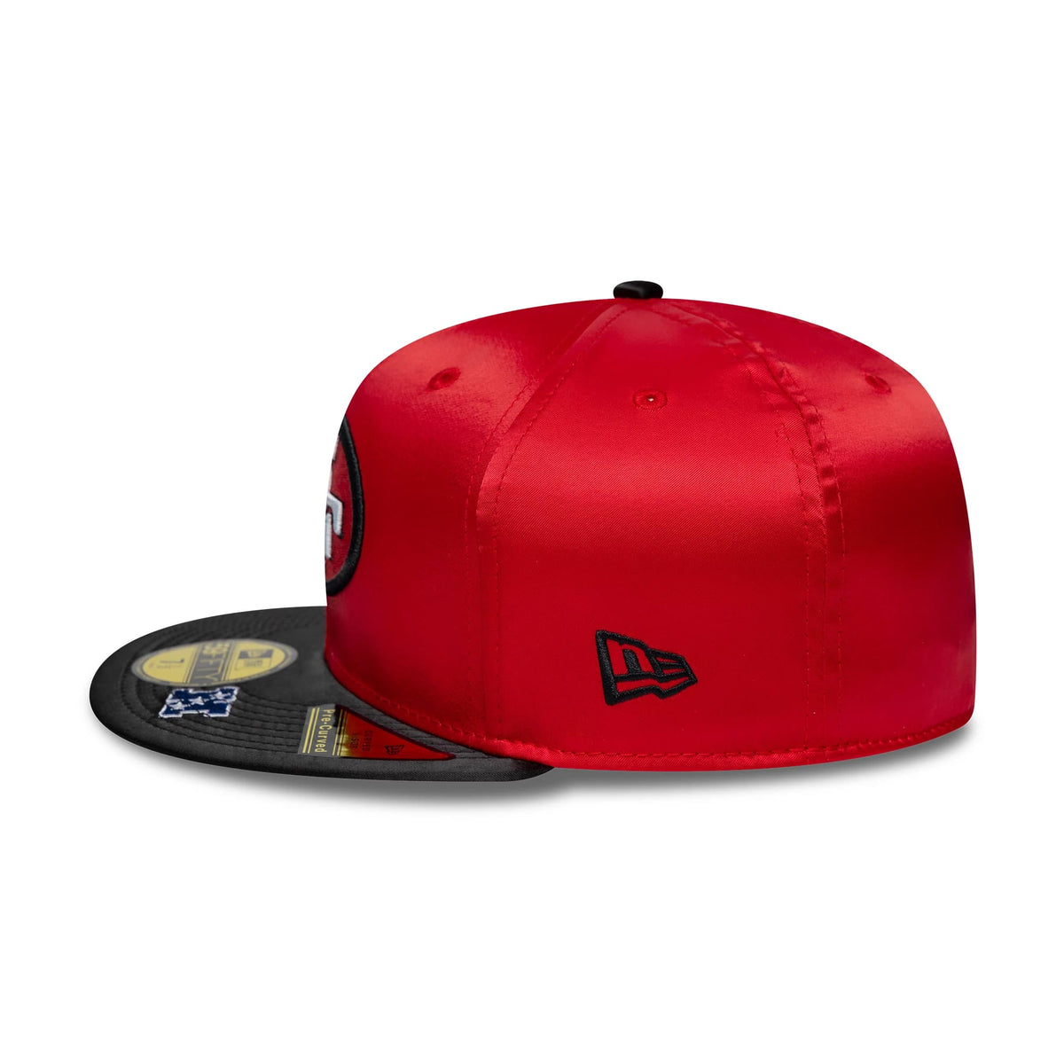 Pictured is this NFL Satin San Francisco 49ers 59FIFTY Fitted cap in red & black. 6