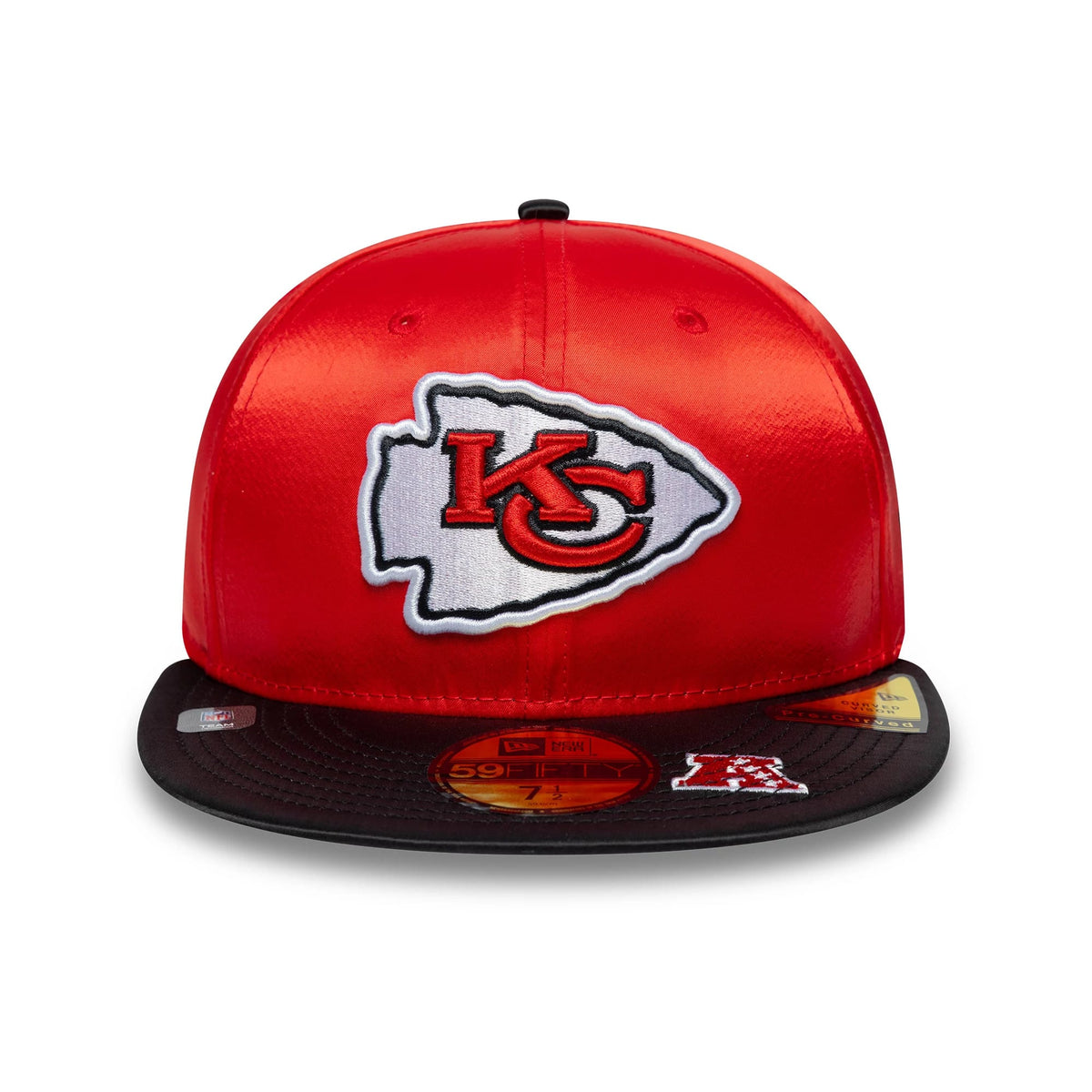 Pictured is this NFL Satin Kansas City Chiefs 59FIFTY Fitted cap in red & black. 3