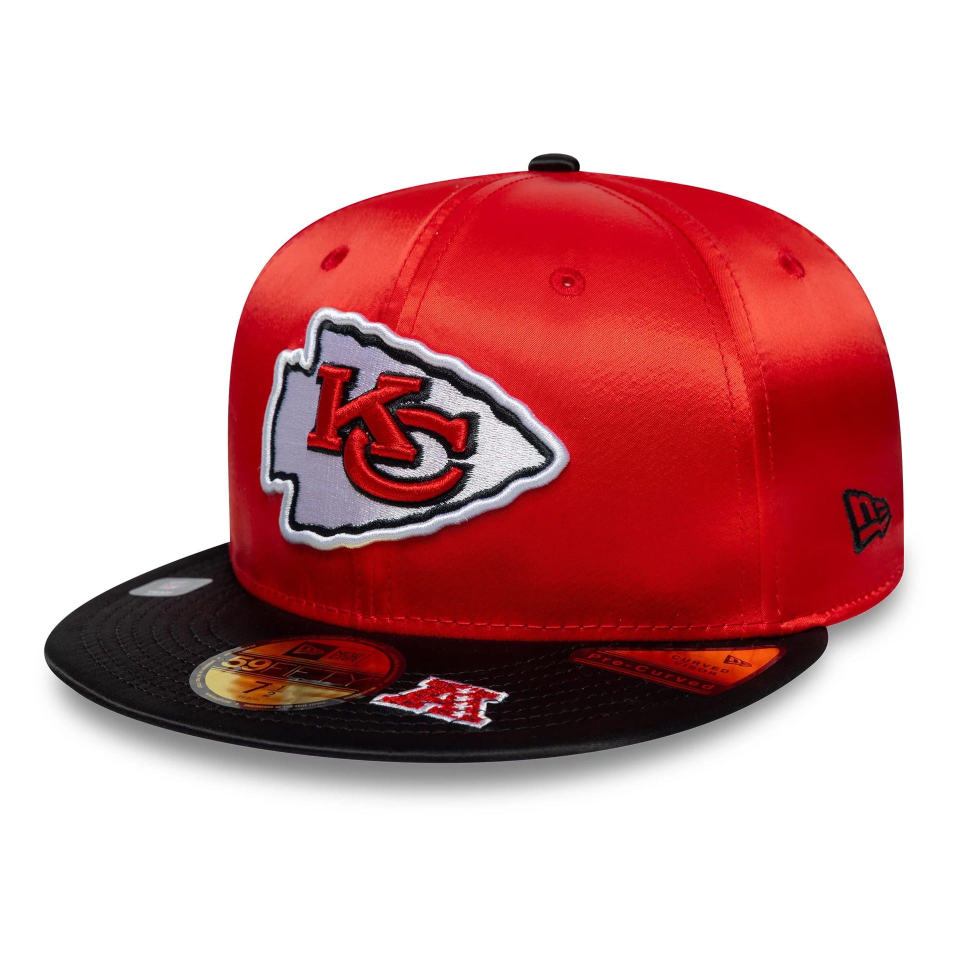 Pictured is this NFL Satin Kansas City Chiefs 59FIFTY Fitted cap in red & black. 1