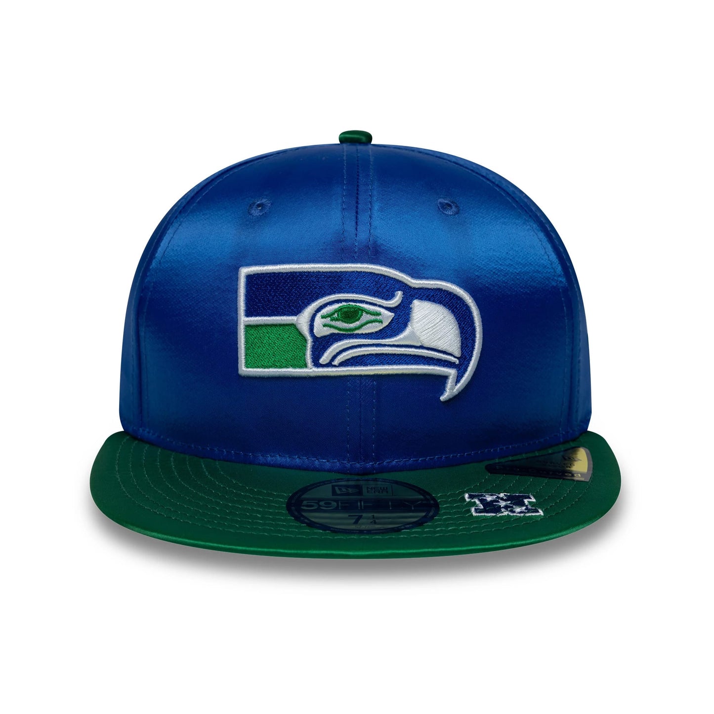 Pictured is this NFL Satin Seattle Seahawks 59FIFTY Fitted cap in blue & green. 3