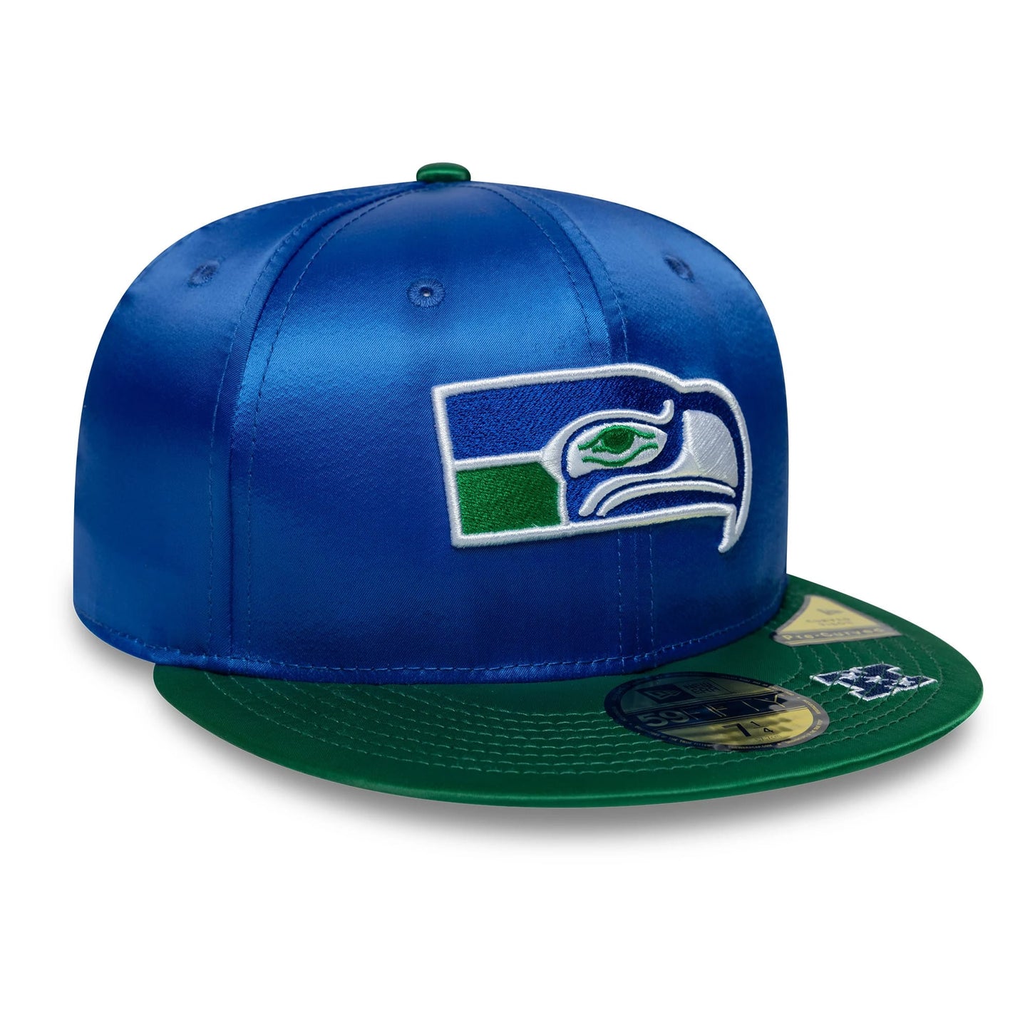 Pictured is this NFL Satin Seattle Seahawks 59FIFTY Fitted cap in blue & green. 4