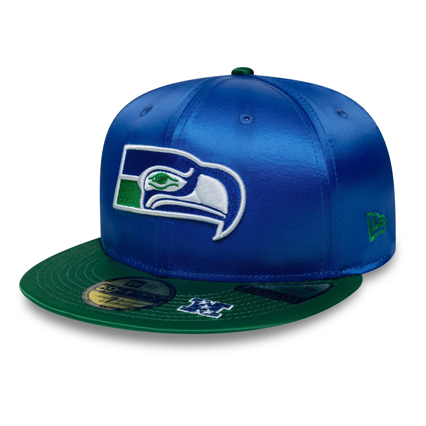 Pictured is this NFL Satin Seattle Seahawks 59FIFTY Fitted cap in blue & green. 1