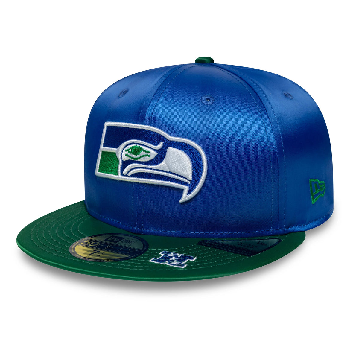 Seattle Seahawks NFL Satin Blue & Green New Era 59FIFTY Fitted Cap, front view showing the white and green embroidered Seahawks logo on the structured blue crown, with a green flat visor and a gold 59FIFTY size sticker on the visor.