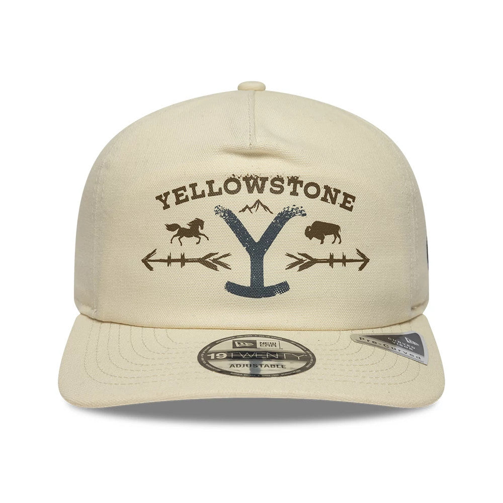 Paramount Yellowstone Light Beige New Era 19TWENTY Adjustable Cap, front view with a brown embroidered Yellowstone Y logo featuring a horse and bison, arrows and mountain details on the light beige crown, and a 19TWENTY size sticker on the visor.