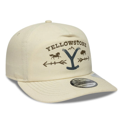 Paramount Yellowstone Light Beige New Era 19TWENTY Adjustable Cap, front view showing dark brown Yellowstone lettering and a large Y with mountain and wildlife graphics on the front panel, with a matching light beige visor.