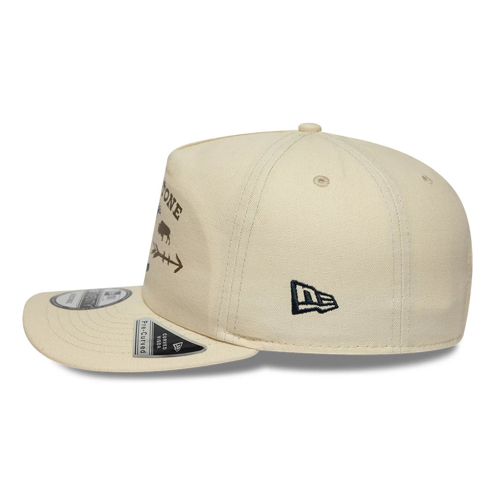 Paramount Yellowstone Light Beige New Era 19TWENTY Adjustable Cap, side view showing the black New Era flag logo embroidered on the left side of the light beige structured crown, with a curved visor featuring a 19TWENTY size sticker.