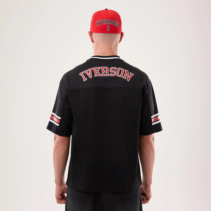 The model is wearing this NBA Hardwood Classic Mesh Oversized Philadelphia 76ers T-Shirt in black. 2