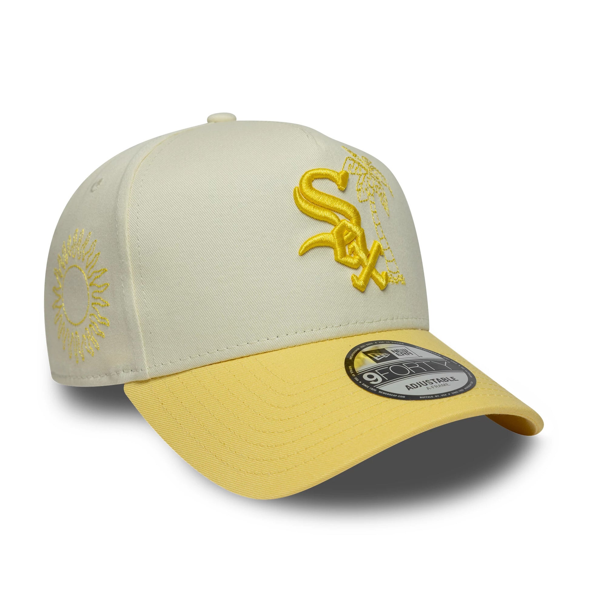 Pictured is this MLB Palm Chicago White Sox 9FORTY A-Frame cap in white & yellow. 3
