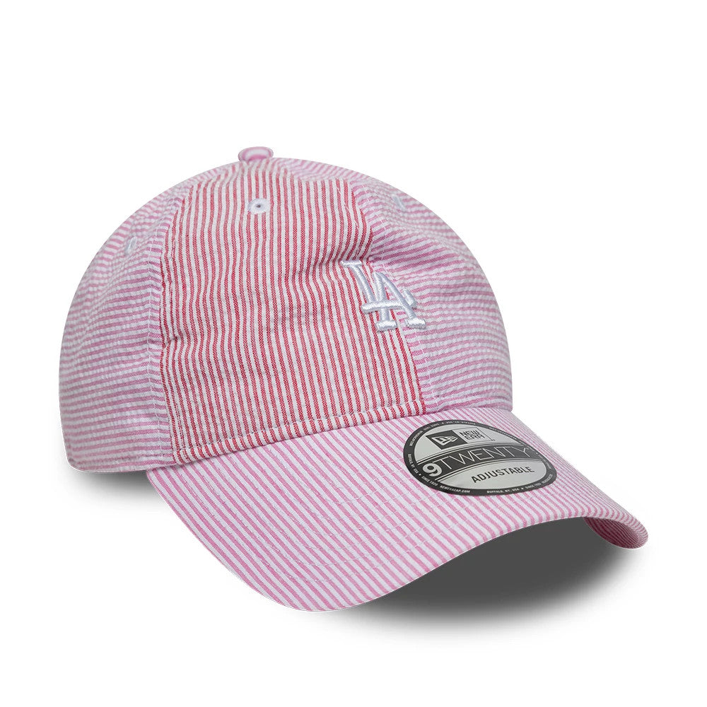 LA Dodgers MLB Stripe Red & Pink New Era 9TWENTY Adjustable Cap, three-quarter view showing the white embroidered LA logo on the red and pink striped front panels, with a slightly curved visor and a 9TWENTY size sticker.