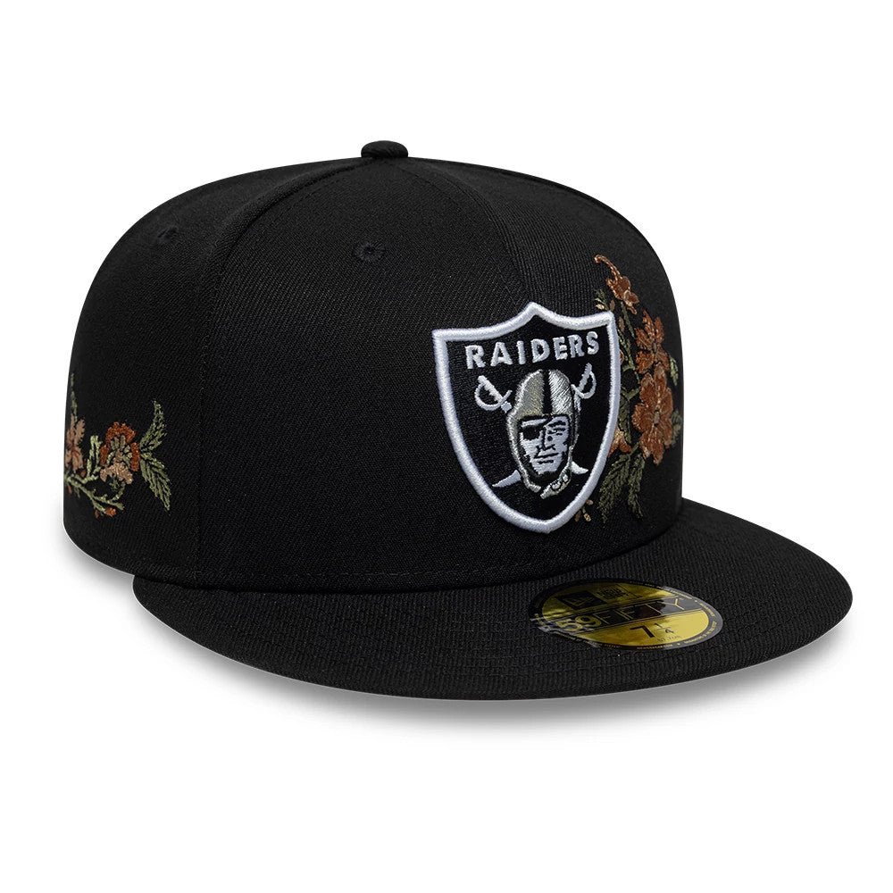 Pictured is this NFL Floral Las Vegas Raiders 59FIFTY Fitted cap in black. 1