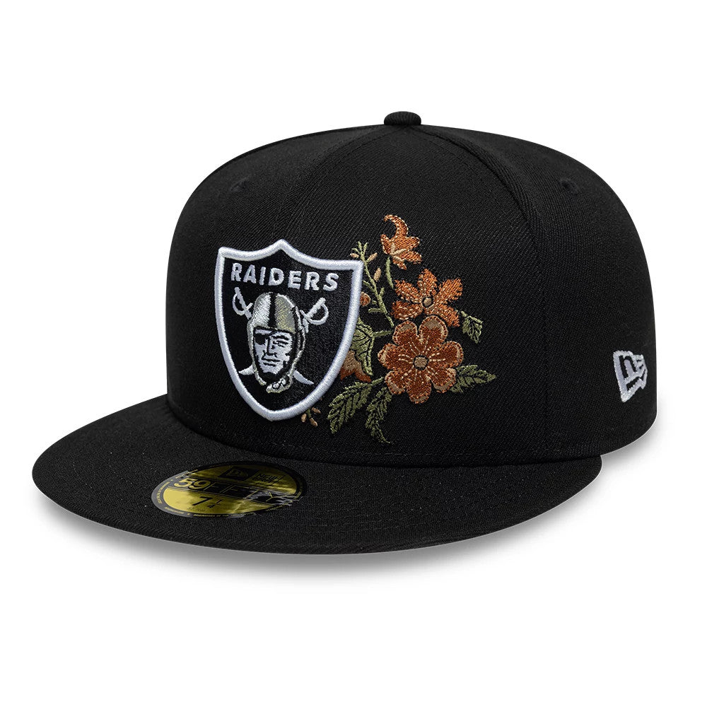 Pictured is this NFL Floral Las Vegas Raiders 59FIFTY Fitted cap in black. 3