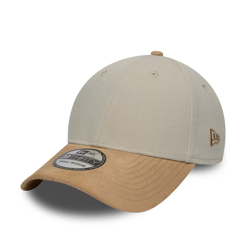 Pictured is this New Era Suede Visor 39THIRTY Stretch Fit cap in light beige. 1