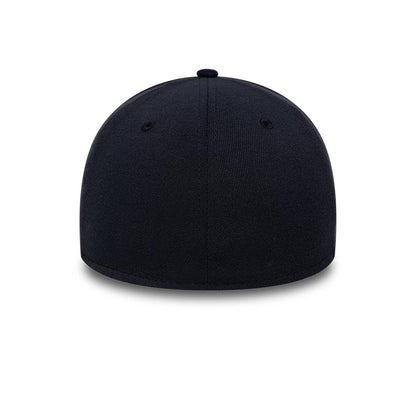 New Era Suede Visor Navy 39THIRTY Stretch Fit Cap, rear view showing a navy fabric covering the structured back panels, complemented by a matching top button and vent eyelets for a seamless and finish.